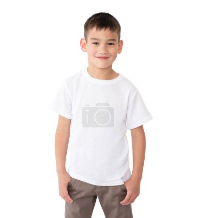 T shirt mock up. Smilling little boy in blank white t-shirt isolated on a white background.