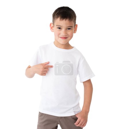 Photo for T shirt mock up. Cute little boy in blank white t-shirt with pointed finger isolated on a white background. - Royalty Free Image
