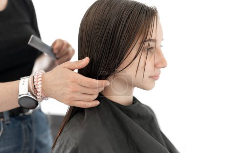 Photo for Hairdresser preparing hair of girl for haircut. Female child in beauty salon - Royalty Free Image