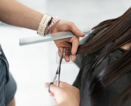 Téléchargez les photos : Les mains de coiffeur avec des ciseaux font couper les cheveux dans un salon de beauté. Fille pendant la routine de beauté dans le salon de coiffure - en image libre de droit