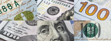 Photo for Set of macro views of one hundred American dollars bill. United States currency. Close up fragments of 100 dollars bill. - Royalty Free Image