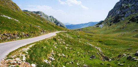 Foto de Camino panorámico con vistas a las montañas en el Parque Nacional Durmitor en Montenegro. Increíble naturaleza de balkan en verano - Imagen libre de derechos