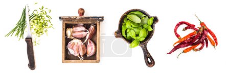 Photo for Set of spices and herbs with retro kitchen tools isolated on a white background - Royalty Free Image