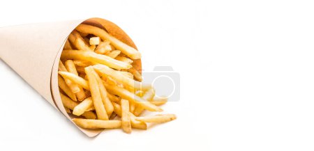 Photo for Fresh french fries chips wrapped in brown craft paper on a white background - Royalty Free Image