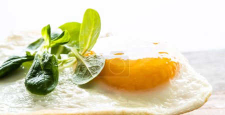 Photo for Fried egg with yellow yolk with spinach for breakfast. Tasty healthy morning meal - Royalty Free Image