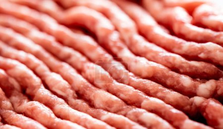 Foto de Carne roja molida cruda fresca con primer plano proteico. Ingrediente de hamburguesa de carne cruda para albóndigas - Imagen libre de derechos