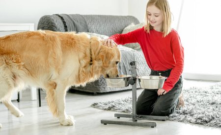 Photo for Beautiful young golden eating food at home, little girl palming pet - Royalty Free Image