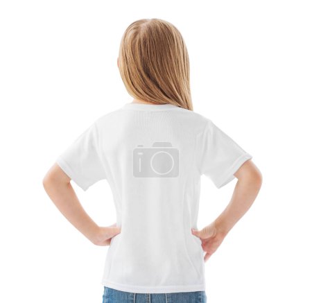 Photo for Kid girl in white blank t-shirt isolated on a white background, back view - Royalty Free Image