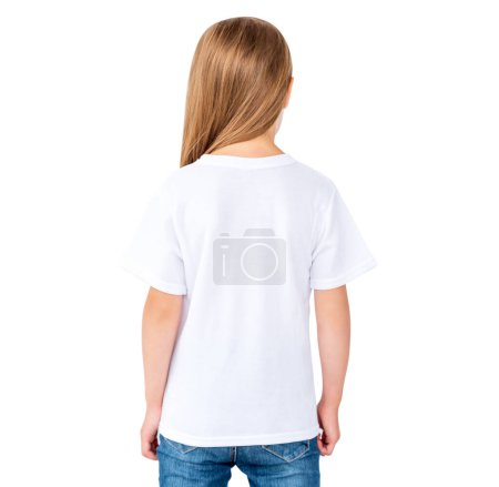 Photo for Little girl in white blank t-shirt isolated on a white background, back view - Royalty Free Image