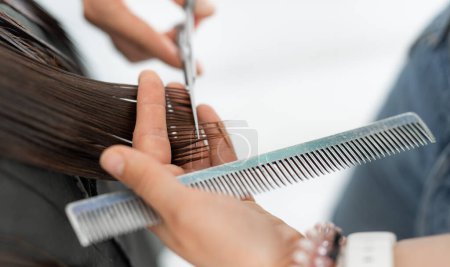 Téléchargez les photos : Les mains de coiffeur avec des ciseaux font couper les cheveux dans un salon de beauté. Vue rapprochée - en image libre de droit