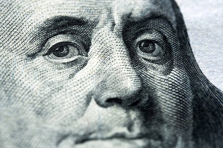 Photo for Portrait of Benjamin Franklin on one hundred dollars banknote, close up view - Royalty Free Image