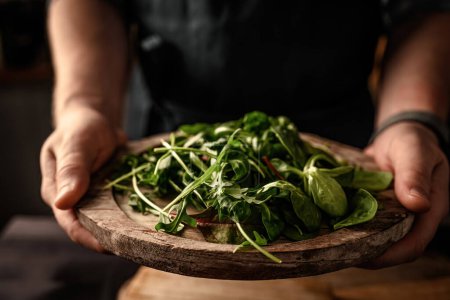 Photo for Chief hands serve fresh green salad leaves with arugula, lettuce, spinach and beets mix on wooden rustic plate. Vegetarian organic plant food - Royalty Free Image
