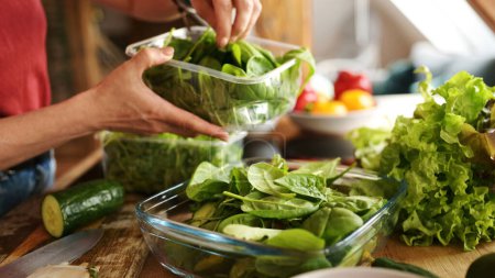 Photo for Girl Addin G A Fresh Spinach And Arugula To Fresh Vegetable Salad In The Bowl In The Kitchen, Concept Of Homemade Healthy Food - Royalty Free Image