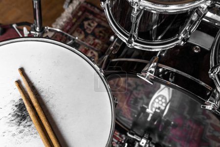 Photo for Drumsticks and drums for live music perfomance. Wooden musical sticks for percussion instruments - Royalty Free Image