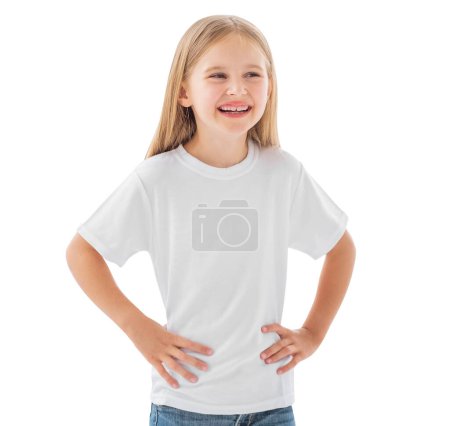 Photo for Smiling little girl in a white blank t-shirt isolated on a white background - Royalty Free Image