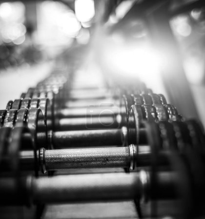 Foto de Pesas metálicas se alinean en una fila en un soporte en el gimnasio moderno, vista de cerca - Imagen libre de derechos