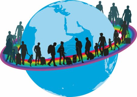Ilustración de Illustration of silhouettes of people with luggage on rainbow around the earth - Imagen libre de derechos