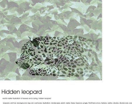 Illustration for Vector raster illustration of leaves and a lying, hidden leopard - Royalty Free Image