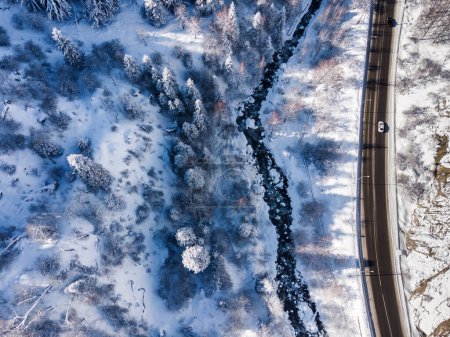 Photo for The road to the Medeu tract in winter. Bird's eye view after heavy snowfall - Royalty Free Image