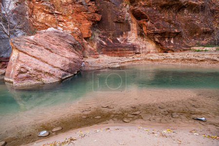 Una gran roca que una vez estuvo unida al acantilado ahora descansa en el río Virgen en un lugar protegido y pacífico cerca de los Estrechos en el Parque Nacional Zion, Utah.