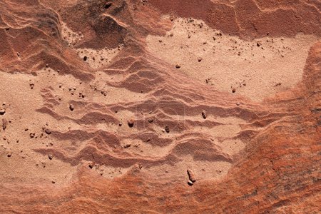 Una sección de sedimento de arenisca antigua que muestra capas erosionadas en un patrón único como fondo.