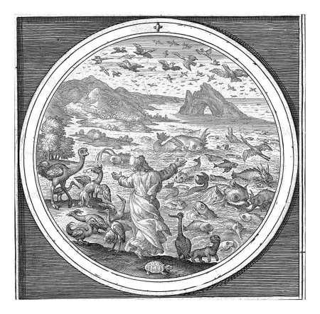 Quinto Día de la Creación: Dios Crea Peces y Aves, Nicolás de Bruyn, después de Maerten de Vos, 1581 - 1656 Quinto Día de la Creación: Dios crea peces y aves para que el agua se llene de seres vivos.
