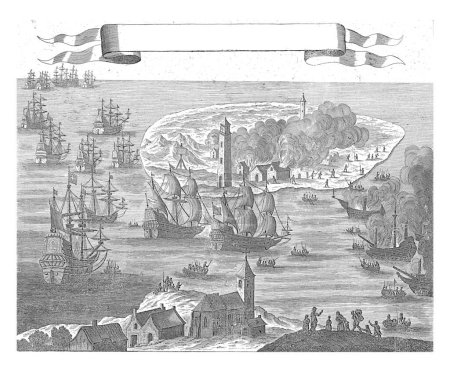 Foto de Los barcos ingleses se encuentran frente a las islas de Vlieland y Terschelling. En la isla de Terschelling, reconocible por el faro De Brandaris, el pueblo de West-Terschelling arde en llamas. - Imagen libre de derechos