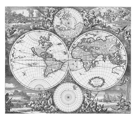 World map in two hemispheres, with a map of the north pole above and the south pole below. In the corners allegories of the four elements.