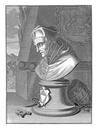 Foto de Busto del Papa Gregorio XII portando un escudo de armas. Detrás del busto está la tiara papal. Arriba a la derecha el juicio de Salomón. - Imagen libre de derechos