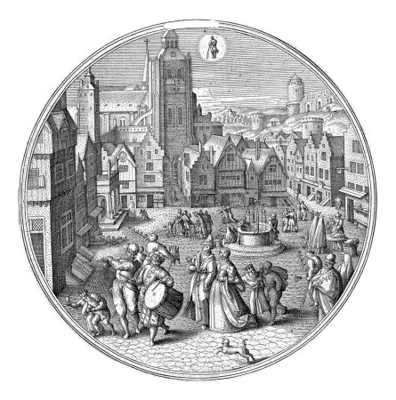 Foto de Enero, Adriaen Collaert, después de Hans Bol, 1578 - 1582 Marco redondo con escenas de invierno en la ciudad. Enero es el mes de hielo. Epifanía se celebra. - Imagen libre de derechos