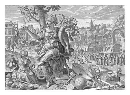 Foto de La paz produce riqueza, Karel van Mallery, después de Maerten de Vos, 1610 - 1635 La personificación de la Paz (Pax), en sus manos una rama de olivo y el cuerno de la abundancia. - Imagen libre de derechos