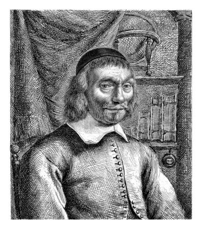 Foto de Busto de retrato de un erudito, posiblemente Francois van Oerle, tío de Bary. En el fondo una estantería con un globo en ella. Debajo de la representación un verso de cuatro líneas en holandés. - Imagen libre de derechos