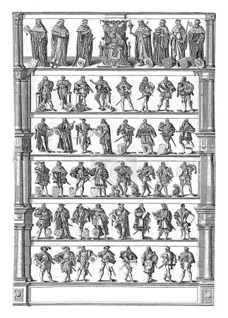 Téléchargez les photos : Vue d'ensemble de la hiérarchie dans le Saint Empire romain germanique, Antonie Wierix (II), 1565 - 1604 Cadre architectural, subdivisé en six sections, de chaque côté colonnes de différents ordres - en image libre de droit