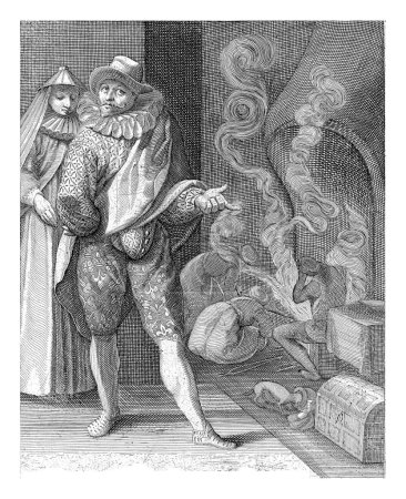 Téléchargez les photos : Proverbe : Là où il y a de la fumée, il n'y a pas nécessairement (bon) feu, Nicolaas Braeu, d'après Karel van Mander (I), c. 1608 - c. 1666 Habillé à la mode homme et femme dans une pièce minable. - en image libre de droit