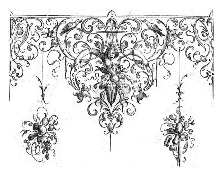 Photo for Sheet 7 from a series of 14 sheets with examples for engraved decorative edges of cups in the form of triangles consisting of tendrils, Schweifwerk, garlands with putti, animals, birds and masks. - Royalty Free Image