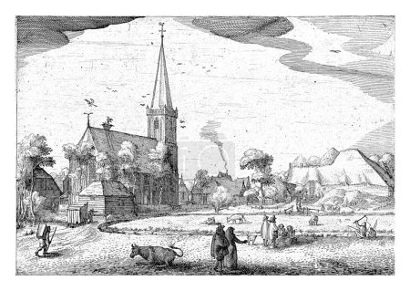Foto de Vista del pueblo de Diemen, con la iglesia a la izquierda y una granja con techo de paja a la derecha. En primer plano algunas personas y pastoreo de ganado. - Imagen libre de derechos
