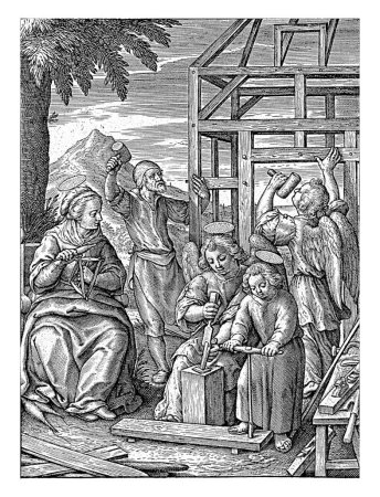 Foto de Cristo Niño construye una casa, Hieronymus Wierix, 1563 - antes de 1619 El Niño Cristo taladra un agujero en una tabla. Construye una casa con dos ángeles y José. - Imagen libre de derechos
