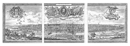 Photo for Bird's-eye view of Brussels, consisting of three parts. At the front left is a hunting party, consisting of several men and women on horseback with hooded falcons on their gloves. - Royalty Free Image