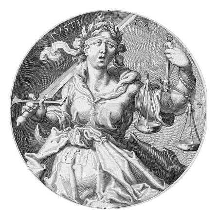 Photo for Justice, in the guise of a blindfolded woman with scales in the left hand and a sword in the right hand. At the top of the performance the word 'IVSTITIA' (justice). - Royalty Free Image