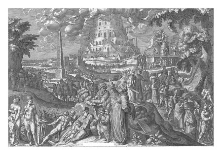 Photo for Babylonian confusion of tongues, Zacharias Dolendo, after Karel van Mander (I), 1614 - 1718 In the background the building of the Tower of Babel. - Royalty Free Image