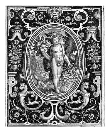 Elemento de la tierra como una mujer joven con una cornucopia y un rosal en un marco con adornos, Nicolaes de Bruyn, 1582 - 1635 Elemento de la tierra como una mujer joven de pie con una cornucopia cerca de un rosal.