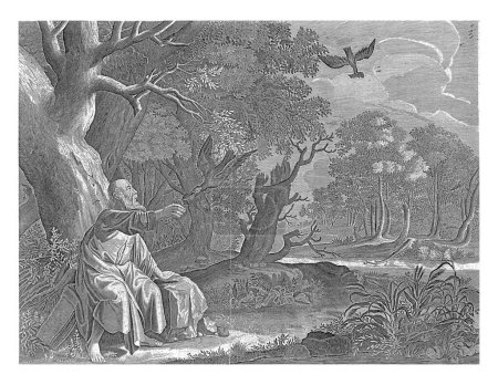 Téléchargez les photos : Élie est assis à gauche sous un arbre près d'une rivière, où les corbeaux viennent lui apporter du pain et de la viande. A côté de lui se trouve un grand livre. Au texte biblique en 1 Rois. - en image libre de droit
