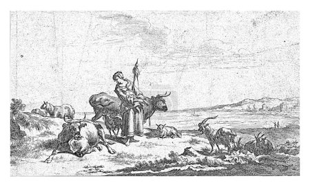 Téléchargez les photos : Bergère avec Spinner sur la rive d'une rivière, Jan de Visscher, d'après Nicolaes Pietersz. Berchem, 1725 - 1751 Une bergère avec une broche se dresse au milieu du bétail sur la rive d'une large rivière. - en image libre de droit