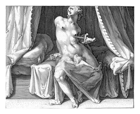 Téléchargez les photos : Lucretia se suicide en se poignardant avec une dague. Elle est assise nue sur son lit. En bas de la marge une ligne de texte en latin. - en image libre de droit