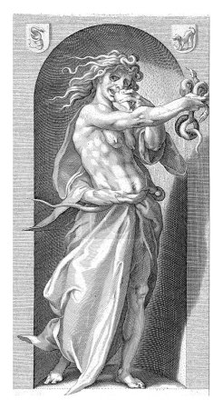 Téléchargez les photos : Personification de l'envie, représentée comme une figure féminine avec des serpents pour cheveux, deux serpents dans sa main, rongeant un cœur. - en image libre de droit