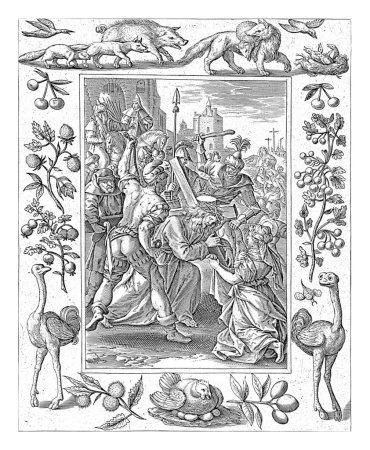 Foto de Llevando la cruz, Antonie Wierix (II), después de Maerten de Vos, 1582 - 1586 Cristo cae, a pesar de la ayuda de Simón de Cirene, mientras lleva su cruz al Calvario. - Imagen libre de derechos
