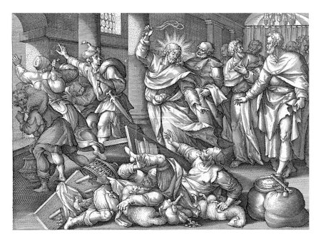 Foto de Cristo expulsa a los comerciantes y cambistas del templo con un látigo. Los apóstoles observan. - Imagen libre de derechos