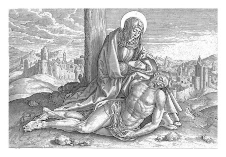 Photo for Mary laments Christ, whose body lies on the ground at the foot of the cross. The cross wounds are clearly visible. In the background a view of Jerusalem. - Royalty Free Image