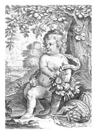 Téléchargez les photos : Un garçon nu est assis contre un arbre, à côté de lui est une corne d'abondance avec des fruits. Tirage d'une série de quatre estampes représentant les quatre éléments. - en image libre de droit