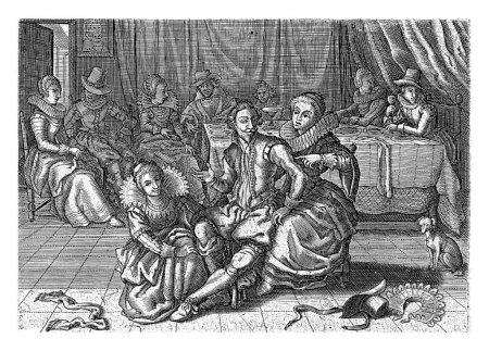 Foto de Dos mujeres desnudan a un hombre, Christiaan Le Blon, después de Adriaen Pietersz. van de Venne, 1624 Interior en el que dos mujeres de fácil virtud desnudan a un hombre. - Imagen libre de derechos